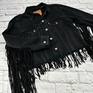 Levis Womens Ex-Boyfriend Trucker Jacket Black Denim Fringe Western Size S